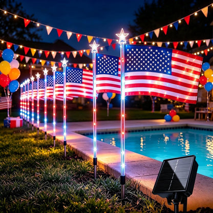 🔥🔥🔥UMEUC 8 Pack Solar American Flag Lights Outdoor,American Flag Pathway Lights, Solar Flag Lights, Auto On/Off 8Modes IP65 Waterproof, 4th of July Decorations Outdoor for Yard Garden Memorial Day 250Th-JKL