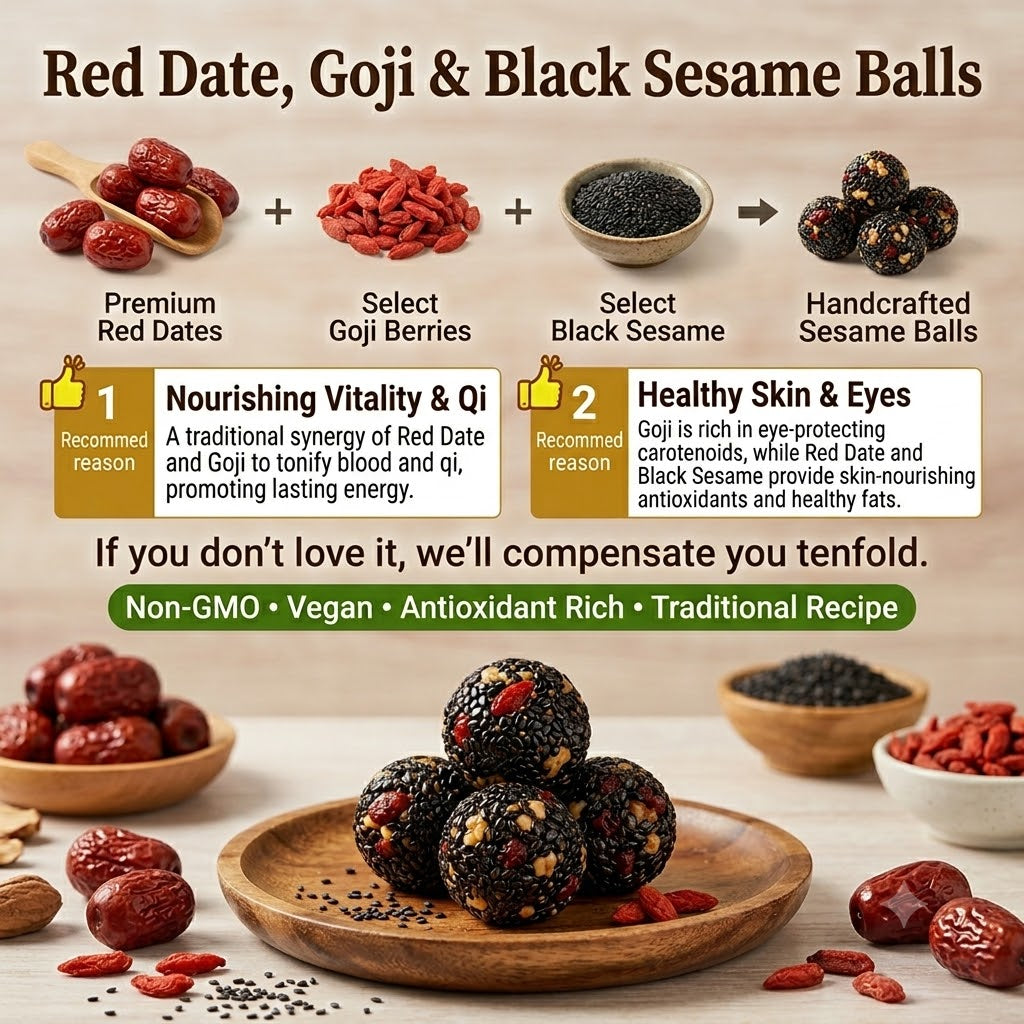 💎 Black Sesame Balls with Red Dates & Goji Berries | No Added Sugar or Oil | Individually Wrapped-EQ