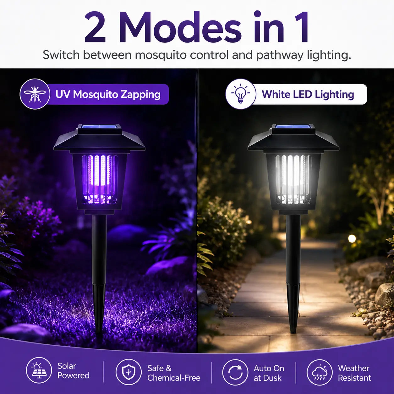 🔥Solar Mosquito Zapper Light – Outdoor Garden Stake Lamp, UV Insect Killer, Solar Powered, Dual Mode (Mosquito Control + Pathway Lighting), Weather Resistant, Easy Setup, Small & Large Round + Square Options🎁-JKL