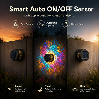🔥🔥🔥Color-Changing Solar Mandala Projection Wall Light, Decorative Solar Mandala Light, Outdoor Waterproof Metal Fence Light, for Decorating Courtyards, Gardens, Pillars, Patios, and Backyards-JKL