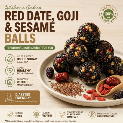 💎 Black Sesame Balls with Red Dates & Goji Berries | No Added Sugar or Oil | Individually Wrapped-EQ